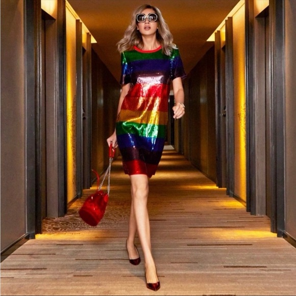 MICHAEL KORS Rainbow Sequined Cotton-jersey T-shirt Dress size Small - Picture 1 of 16